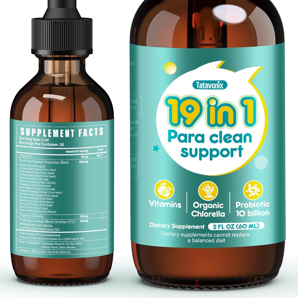 19 in 1 Herbal Gut Cleanse Drops – Wormwood, Black Walnut, Chlorella 250Mg, 10B Probiotics, Clove & Oregano – Liquid Detox Support for Adults & Kids, Alcohol-Free, 2Oz