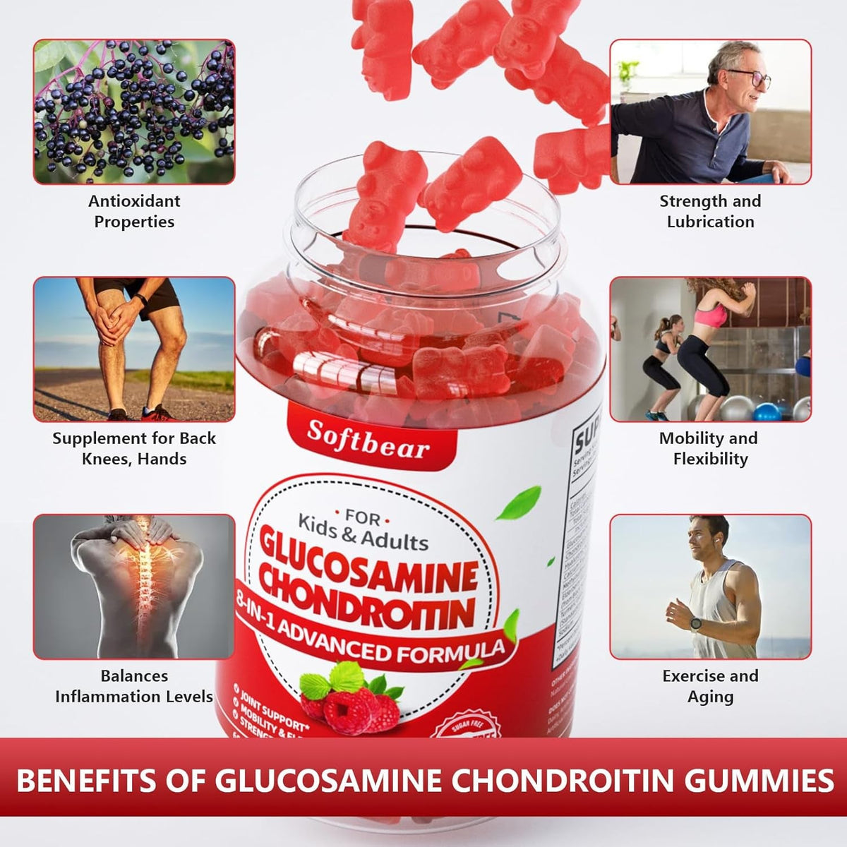 Softbear Glucosamine Chondroitin Gummies, Sugar Free Glucosamine Chondroitin MSM Supplement with Elderberry Turmeric Supports Joint Health & Antioxidant, Raspberry Flavored 60 Count