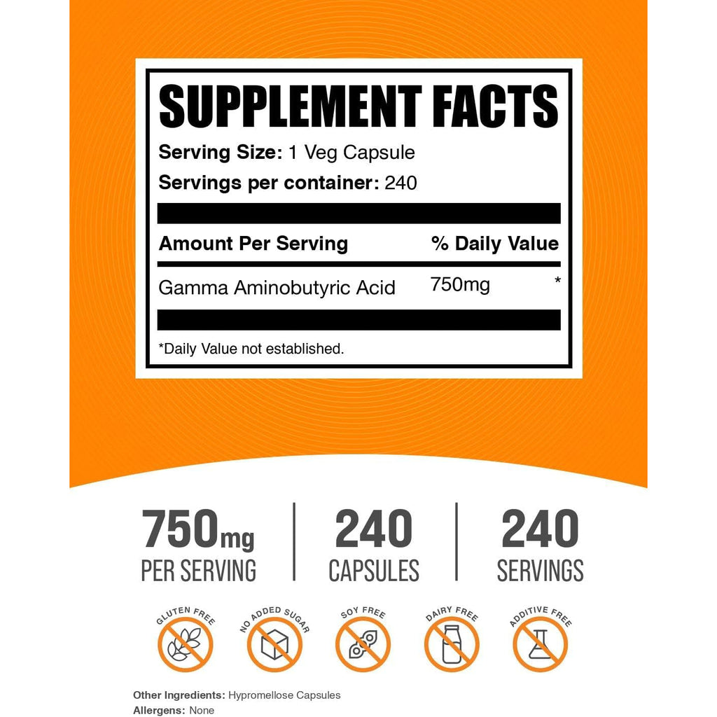 Bulksupplements.Com Gamma Aminobutyric Acid Capsules - GABA Supplement, GABA 750Mg - Vegan & Gluten Free, 1 Capsule per Serving, 240 Count (Pack of 1)