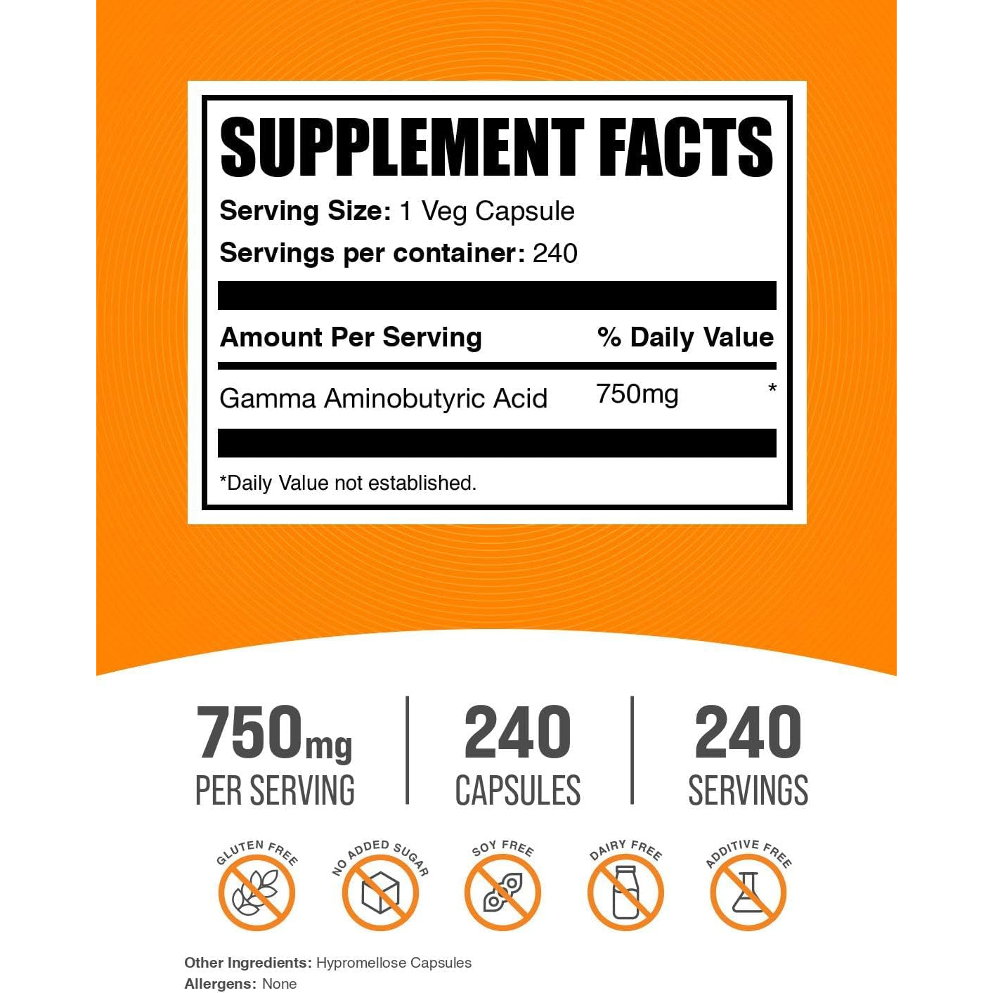 Bulksupplements.Com Gamma Aminobutyric Acid Capsules - GABA Supplement, GABA 750Mg - Vegan & Gluten Free, 1 Capsule per Serving, 240 Count (Pack of 1)