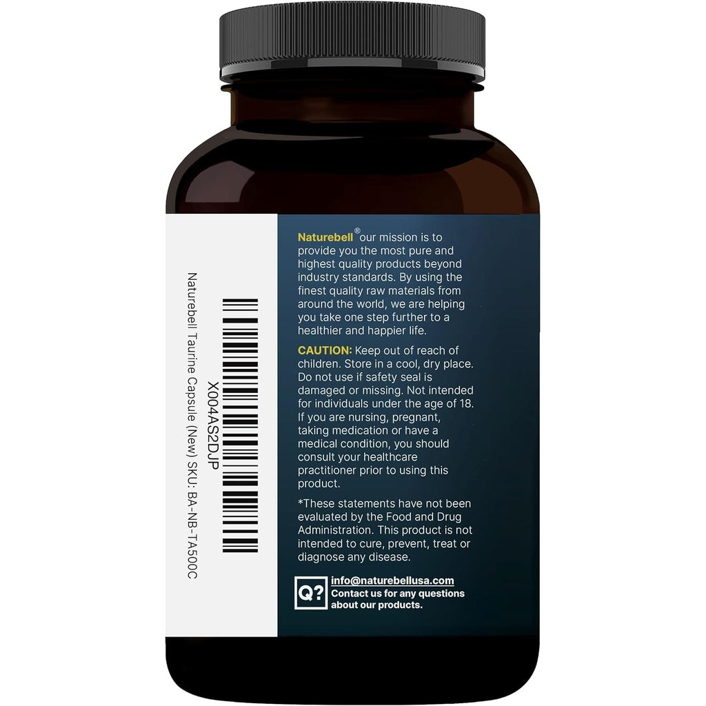 Naturebell Taurine 1,000Mg per Serving, 500 Capsules | Essential Amino Acids Supplement – Double Strength – Antioxidant Support for Heart, Muscle, Brain, & Liver Health – Non-Gmo, Gluten Free