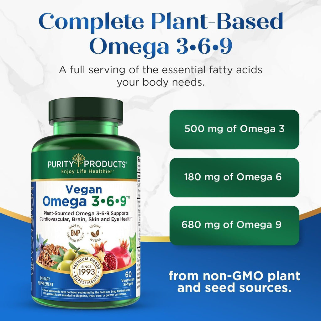 Purity Products Omega 3-6-9 Vegan and Vegetarian Formula - “5 in 1” Essential Fatty Acid Complex - Scientifically Formulated Plant-Based Omega 3 6 9 Essential Fatty Acids (EFA) - from (60)