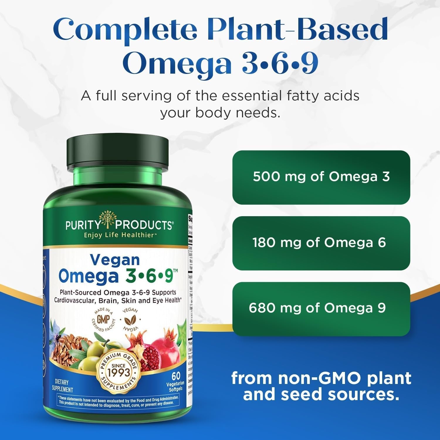 Purity Products Omega 3-6-9 Vegan and Vegetarian Formula - “5 in 1” Essential Fatty Acid Complex - Scientifically Formulated Plant-Based Omega 3 6 9 Essential Fatty Acids (EFA) - from (60)