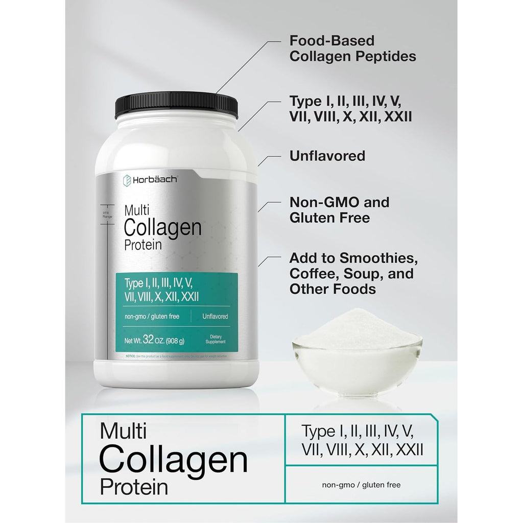 Horbaach Multi Collagen Protein Powder 32 Oz | Types I, II, III, IV, V, VII, VIII, X, XII, and XXII | Grassfed Collagen Peptides | Keto & Paleo Friendly | Unflavored & Gluten Free