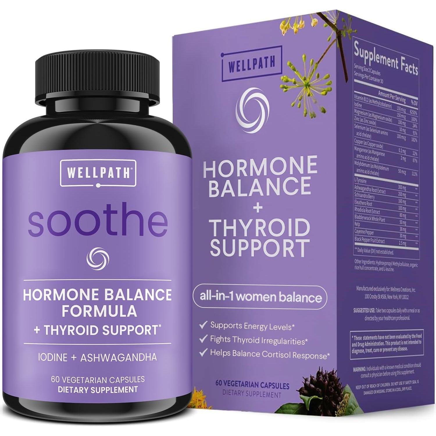 Wellpath Soothe Hormone Balance for Women - Thyroid Support for Women - Ashwagandha, Rhodiola, Iodine, Selenium & L-Tyrosine - Mood & Adrenal Support Supplement - Non-Gmo, Gluten-Free, 60 Ct