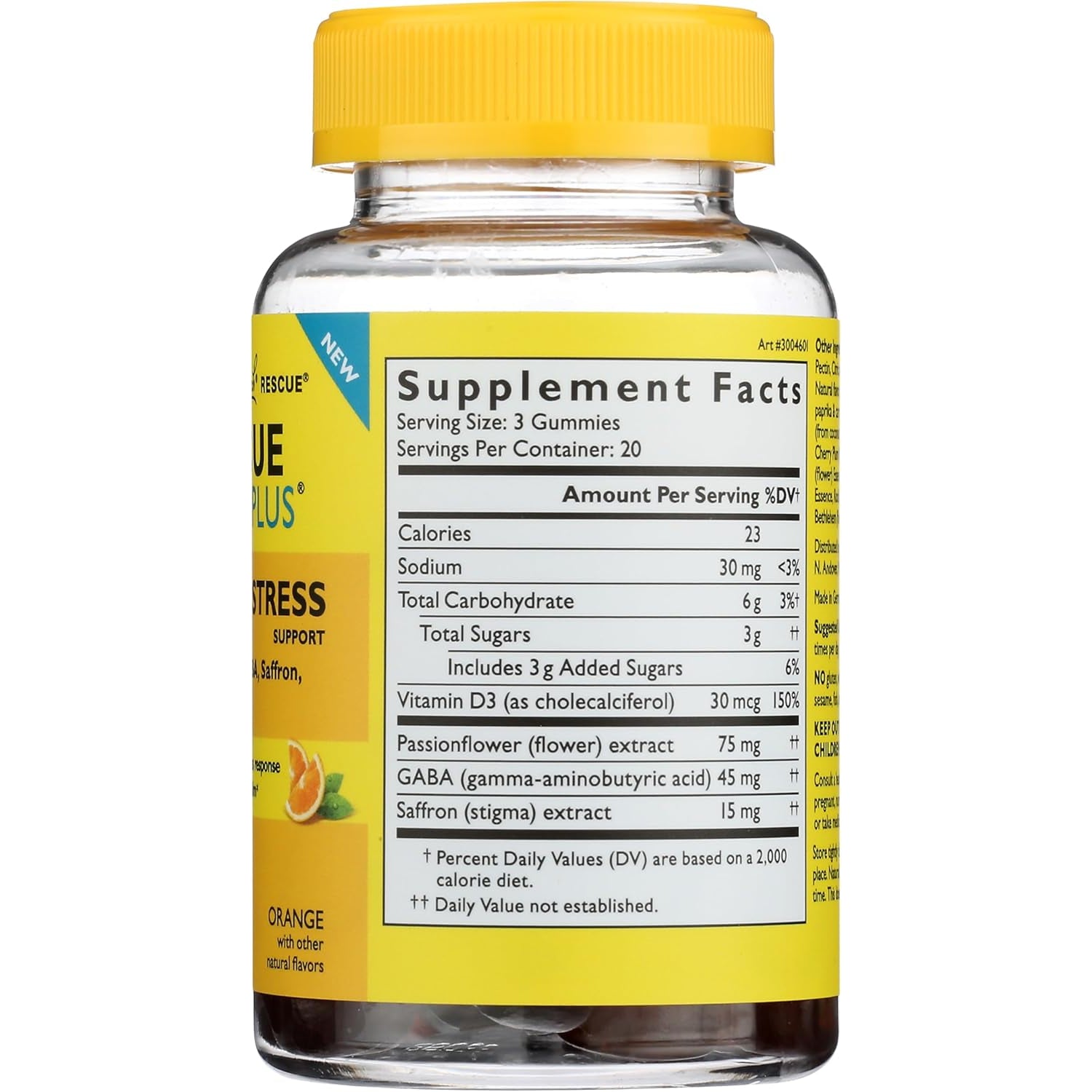 Bach Rescue plus Mood & Stress Support Gummies, Daytime Dietary Supplement with Passionflower, GABA, Saffron & Vitamin D, Natural Orange Flavor, Vegan & Gluten-Free, 60 Count