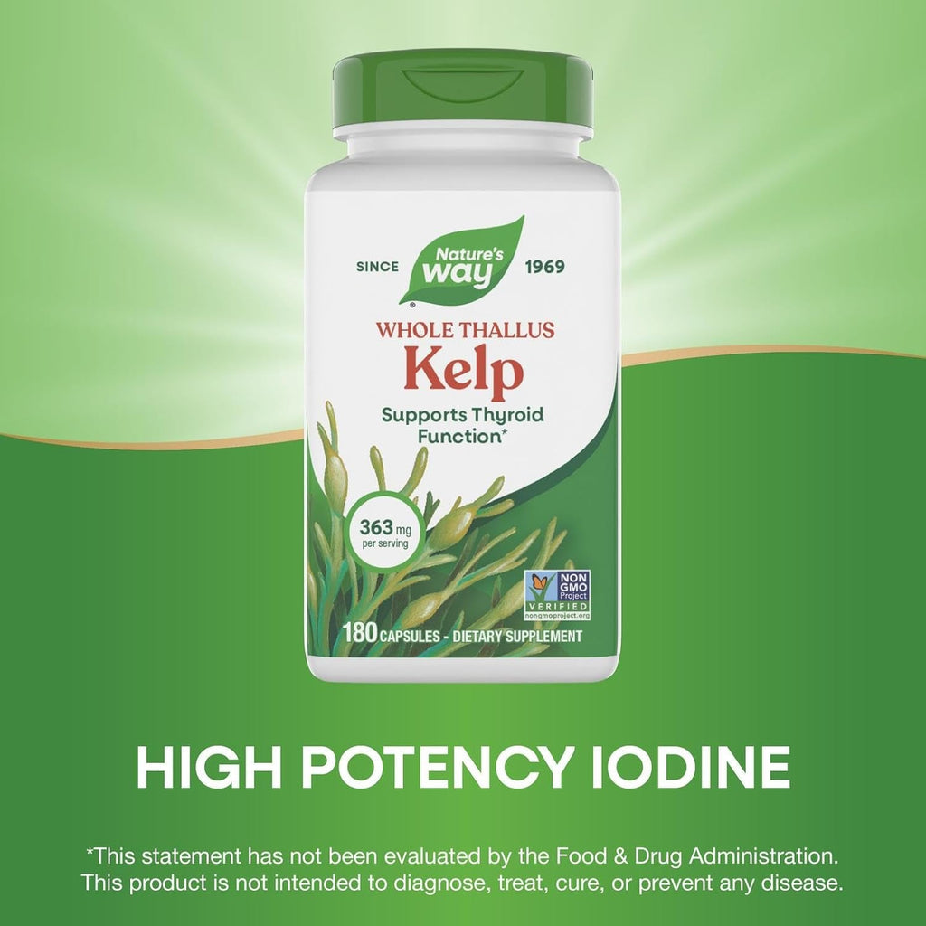 Nature'S Way Kelp - Kelp Supplement for Thyroid Function Support* - Botanical Ingredient - Plant-Derived Capsule - Plant-Sourced Iodine - Vegan, Gluten-Free & Dairy-Free - 180 Count (180 Servings)