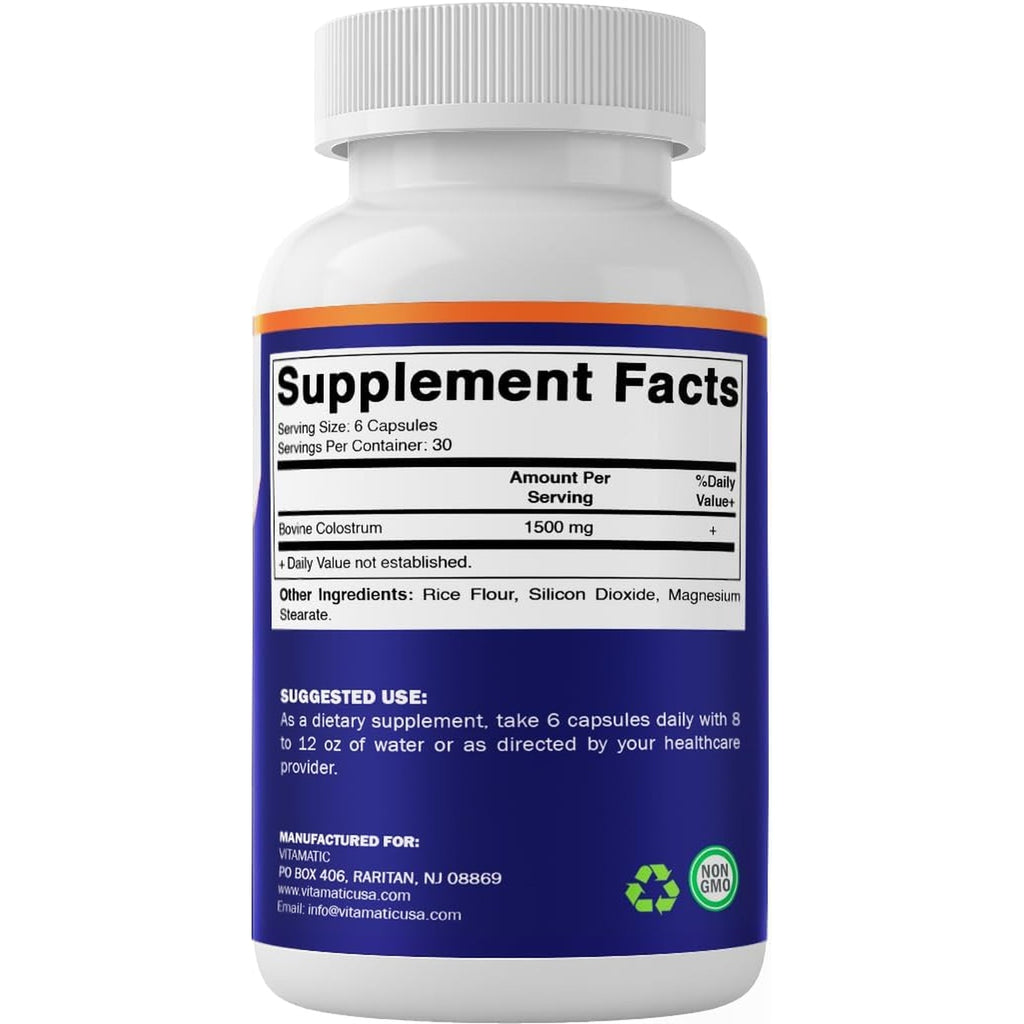Vitamatic Bovine Colostrum 30% Igg Supplement 1500 Mg per Serving - Supplement for Gut Health, Hair Growth, Beauty, Muscle Recovery, & Immune Support - 180 Veg Capsules