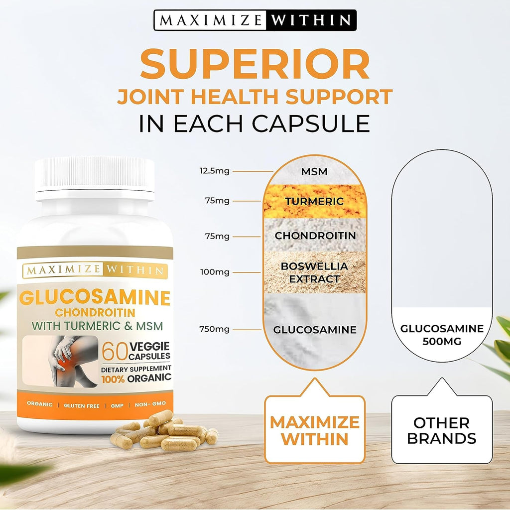 Glucosamine Chondroitin with Turmeric & MSM – Mobility & Flexibility Support – 60 Veggie Capsules