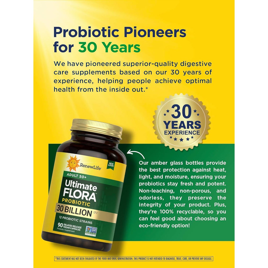 Renew Life Probiotic Adult 50 plus Probiotic Capsules, Daily Supplement Supports Urinary, Digestive and Immune Health, L. Rhamnosus GG, Dairy, Soy and Gluten-Free, 30 Billion CFU, 90 Count