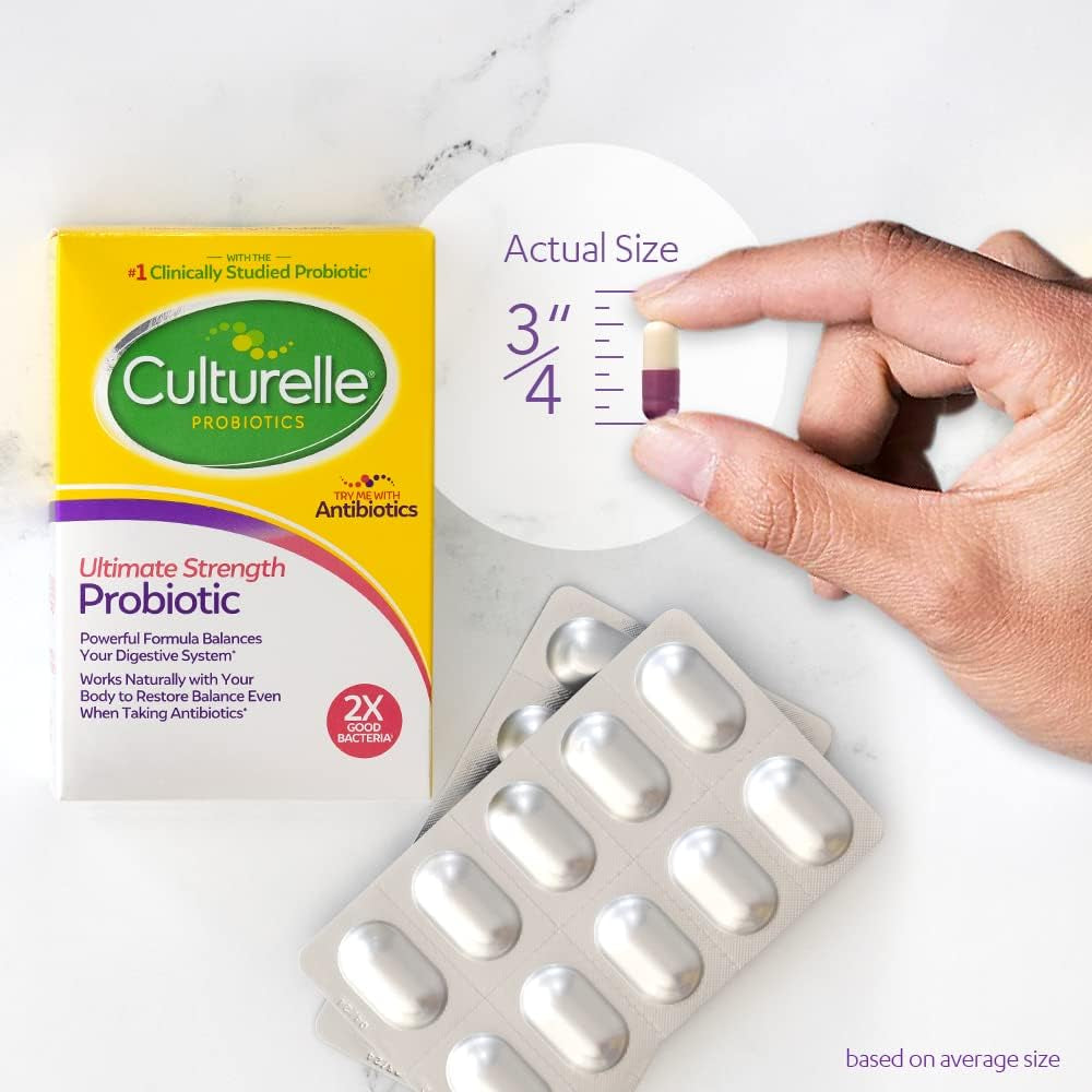 Culturelle Ultimate Strength Probiotic for Men and Women, Most Clinically Studied Probiotic Strain, 20 Billion Cfus, Supports Occasional Diarrhea, Gas & Bloating, Non-Gmo, 30 Count