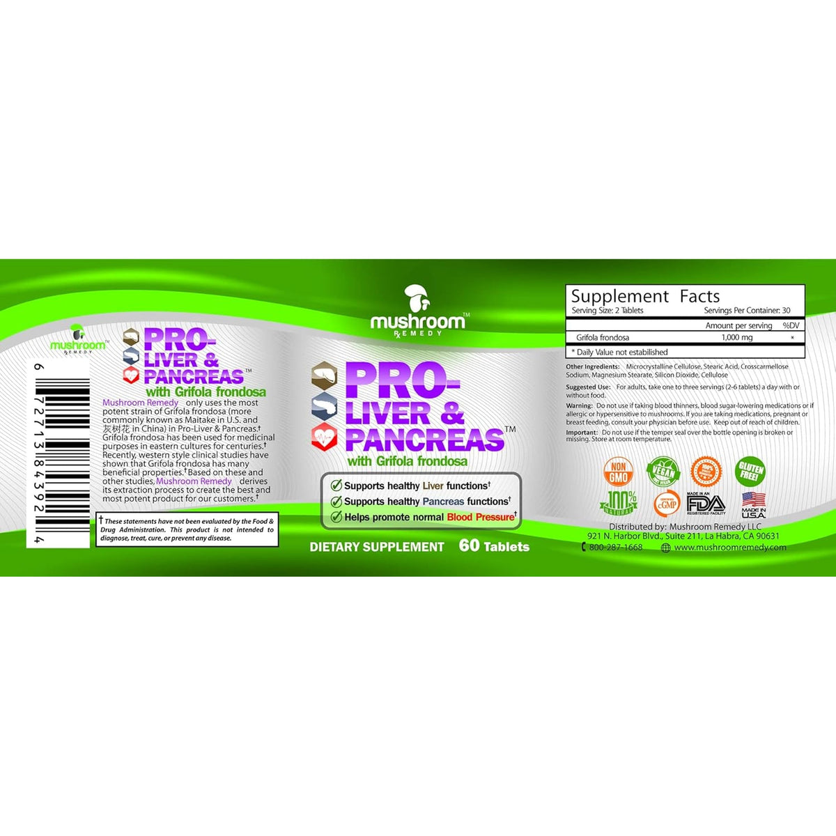 Pro-Liver & Pancreas | Best All-Natural Herbal Supplement for Pancreas & Liver Support, Detox, Clinically Studied Grifola Frondosa Mushroom Extract, Vegan, NON-GMO, USA Made, 60 Tablets