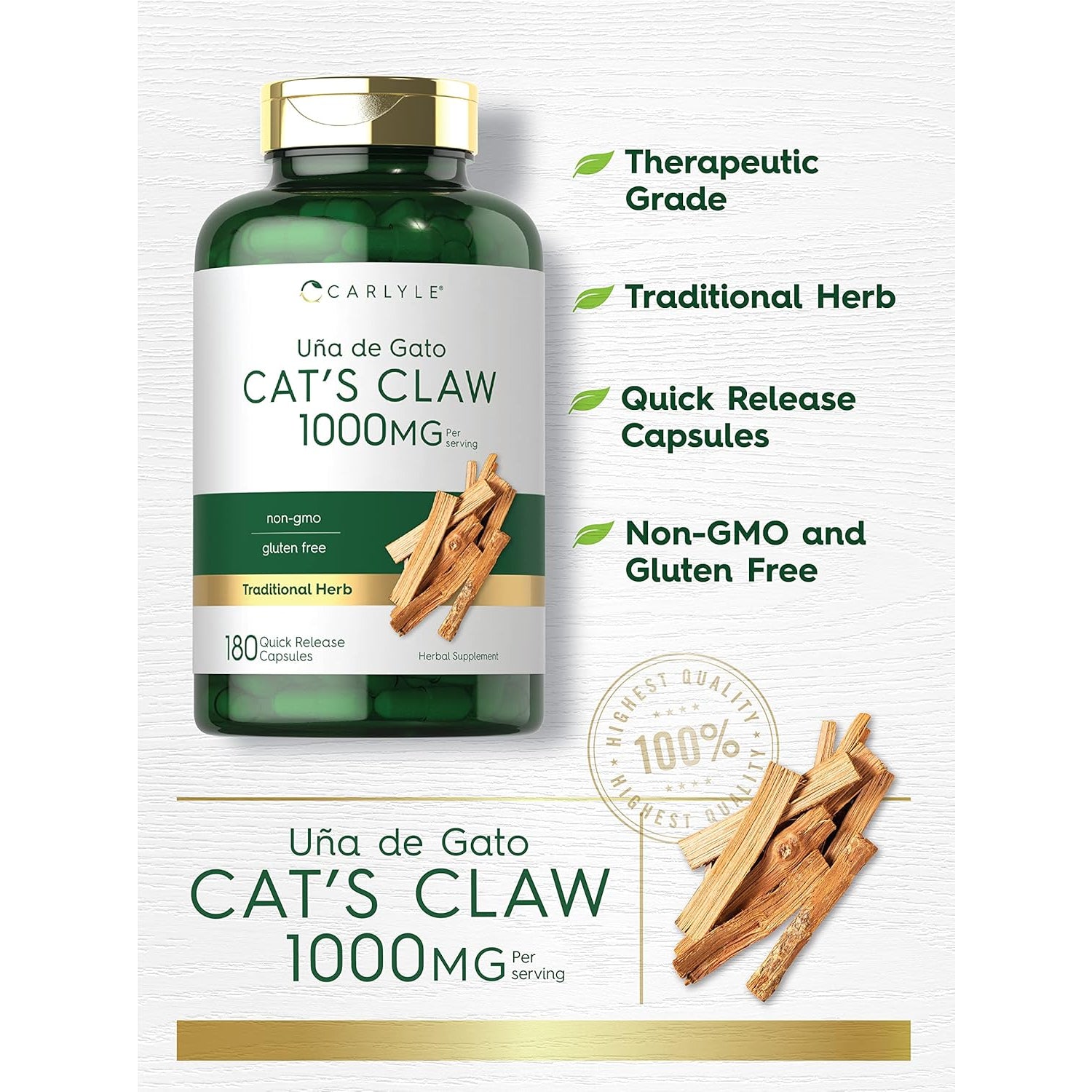 Carlyle Cat'S Claw Herb Capsules 1000Mg | 180 Count | Uncaria Tomentosa | Non-Gmo, Gluten Free Supplement