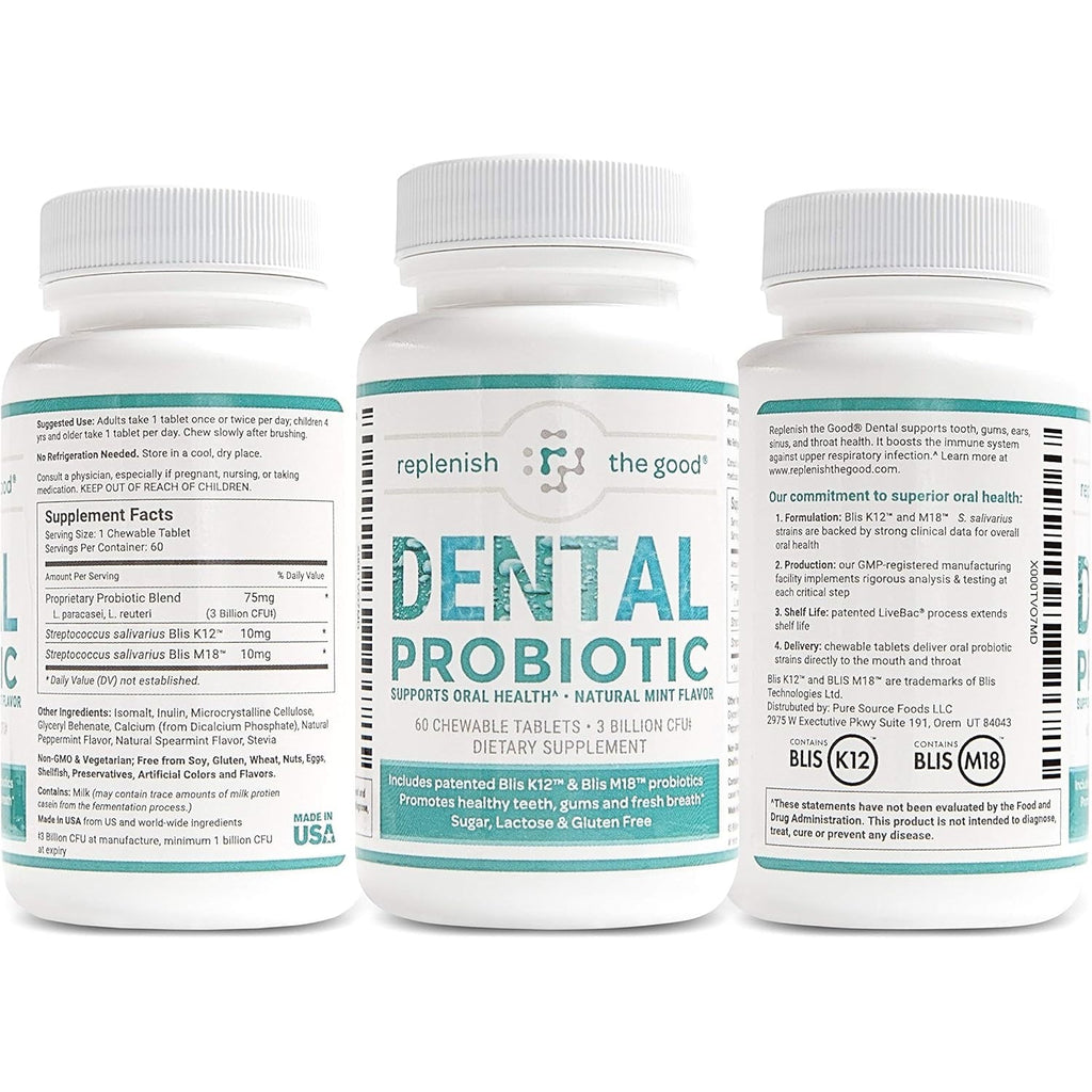 Dental Oral Probiotic, 60 Chewable Tablets - Supplements W/Blis K12 & M18 - Bad Breath Treatment for Adults - Boosts Oral Health - Fights Halitosis, Tooth Decay, Strep Throat (Mint Flavor)