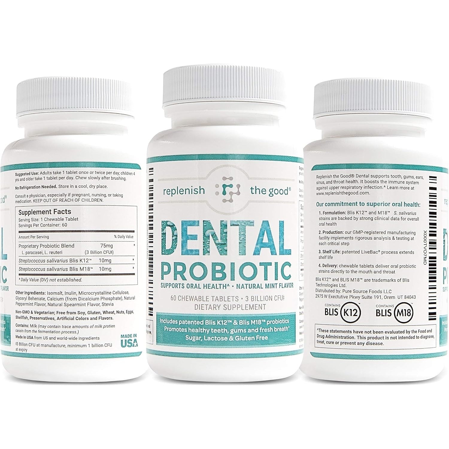 Dental Oral Probiotic, 60 Chewable Tablets - Supplements W/Blis K12 & M18 - Bad Breath Treatment for Adults - Boosts Oral Health - Fights Halitosis, Tooth Decay, Strep Throat (Mint Flavor)