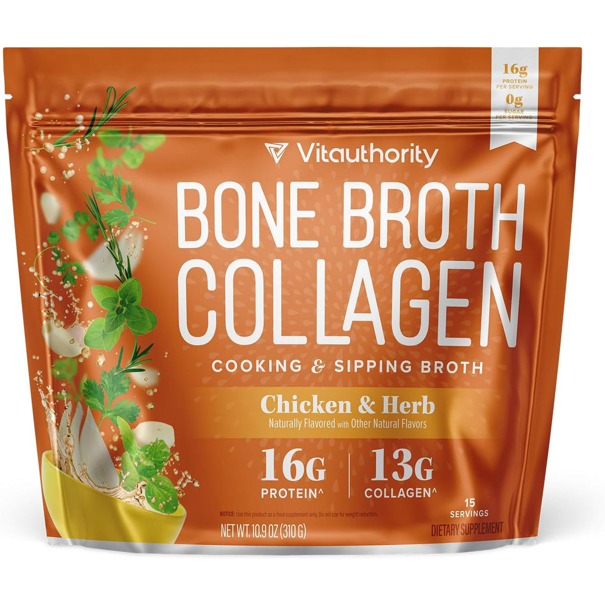 Vitauthority Bone Broth Collagen Delicious Chicken Noodle Flavored - Packed with 16G of Protein & Types I, II, III - Nourishes Skin, Hair, Nails, Joints, & Gut - Beef Bonebroth