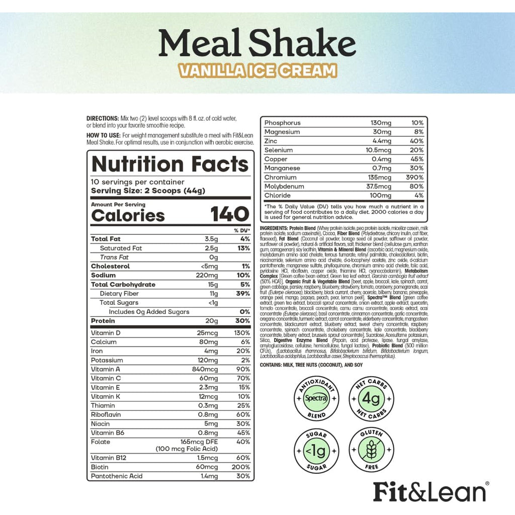 Fit & Lean Meal Shake, Fat Burning Meal Replacement, Protein, Fiber, Probiotics, Vanilla, 1Lb, 10 Servings per Container