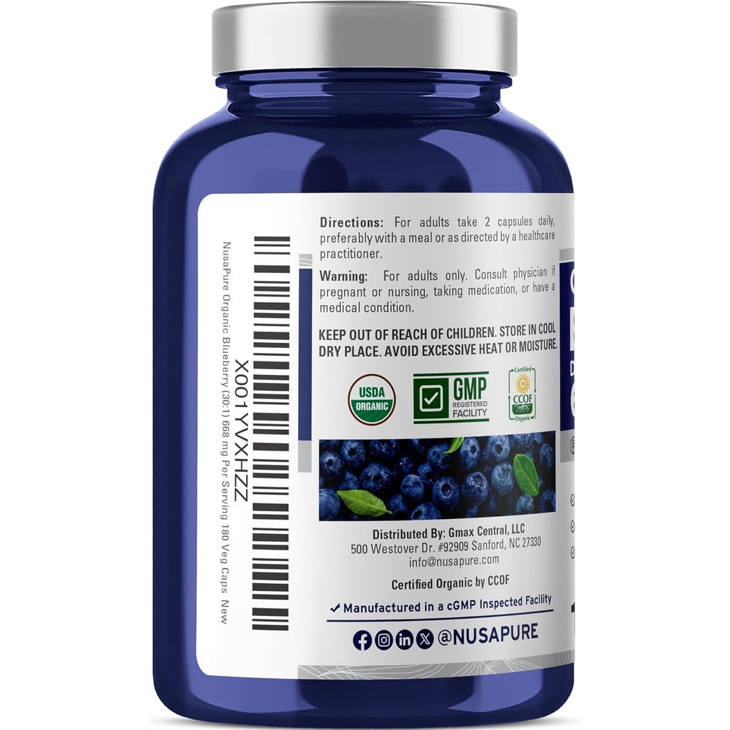 Nusapure Organic Blueberry Capsules, 668 Mg, 180 Veg Capsules (Non-Gmo, Vegan, USDA)