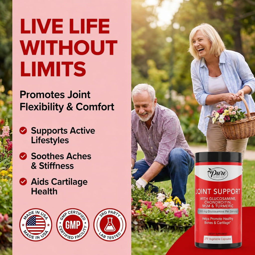 Pure by Nature Glucosamine Chondroitin MSM Turmeric Boswellia (90 Day Supply) - Joint Support Supplement for Women & Men, Nutritional Support for Joint Strength, Gluten Free, Non GMO - 270 Capsules
