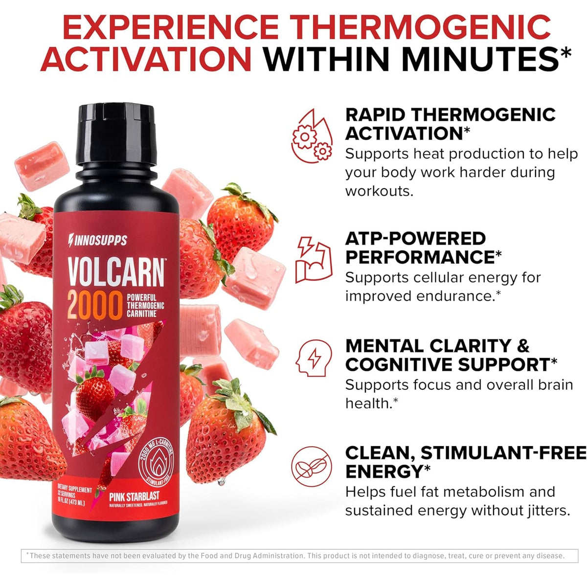 Innosupps Volcarn 2000 - L-CARNITINE Pre-Workout Advanced Energy Liquid ATP Enhancer W/Gbeec Boosts Energy, Enhances Focus, Cognition & Supports Fat Metabolism, 32 Servings - Pink Starblast Flavor