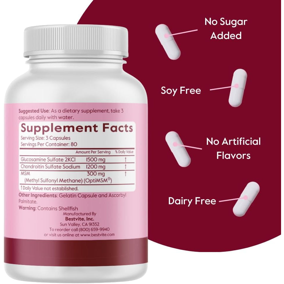 BESTVITE Glucosamine Chondroitin MSM 500/400/100 per Capsule (240 Capsules) with Patented Optimsm - Maximum Strength Formula for Joint Support - No Stearates - Gluten Free - Non GMO