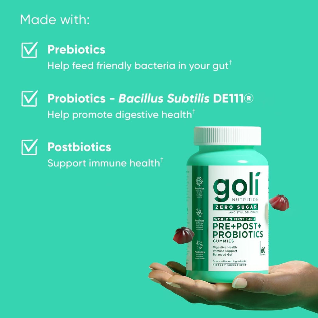 Goli Zero Sugar Pre Pro Postbiotic Gummies - Worlds First 3-In-1 with DE111, XOS, MCC1849 - No Sugar Alcohols - Vegan, Keto-Friendly, Non-Gmo