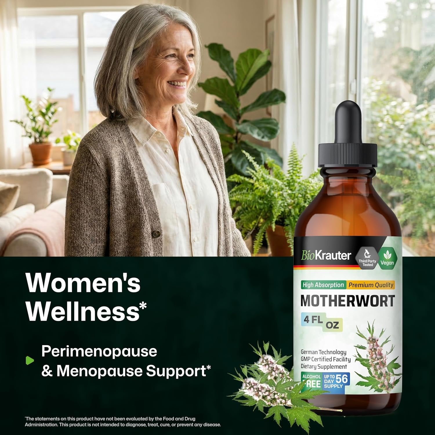 BIO KRAUTER® Perimenopause & Menopause Supplements for Women* - Vegan Motherwort Tincture 4 Fl.Oz 56-Day Supply for Natural Calm & Women'S Wellness - Alcohol & Sugar Free - 650 Mg per Serving