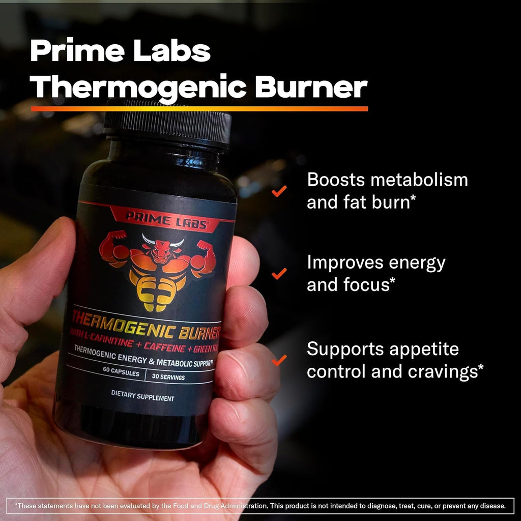 Prime Labs Thermogenic Fat Burner for Men - Weight Loss Supplement - with L-Carnitine, Caffeine, & Green Tea - Thermogenic Energy & Metabolic Support - Third-Party Tested, Made in the USA - 60 Count