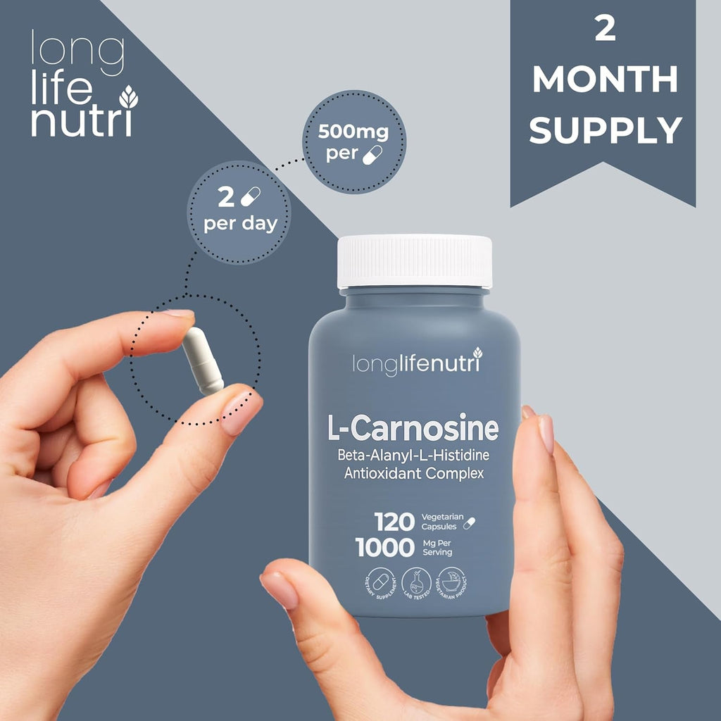 Longlifenutri L-Carnosine 1000Mg - Beta-Alanyl-L-Histidine Supplement for Cellular Energy & Brain Clarity, 120 Vegetarian Capsules, 2-Month Supply, GMP Certified, Made in USA