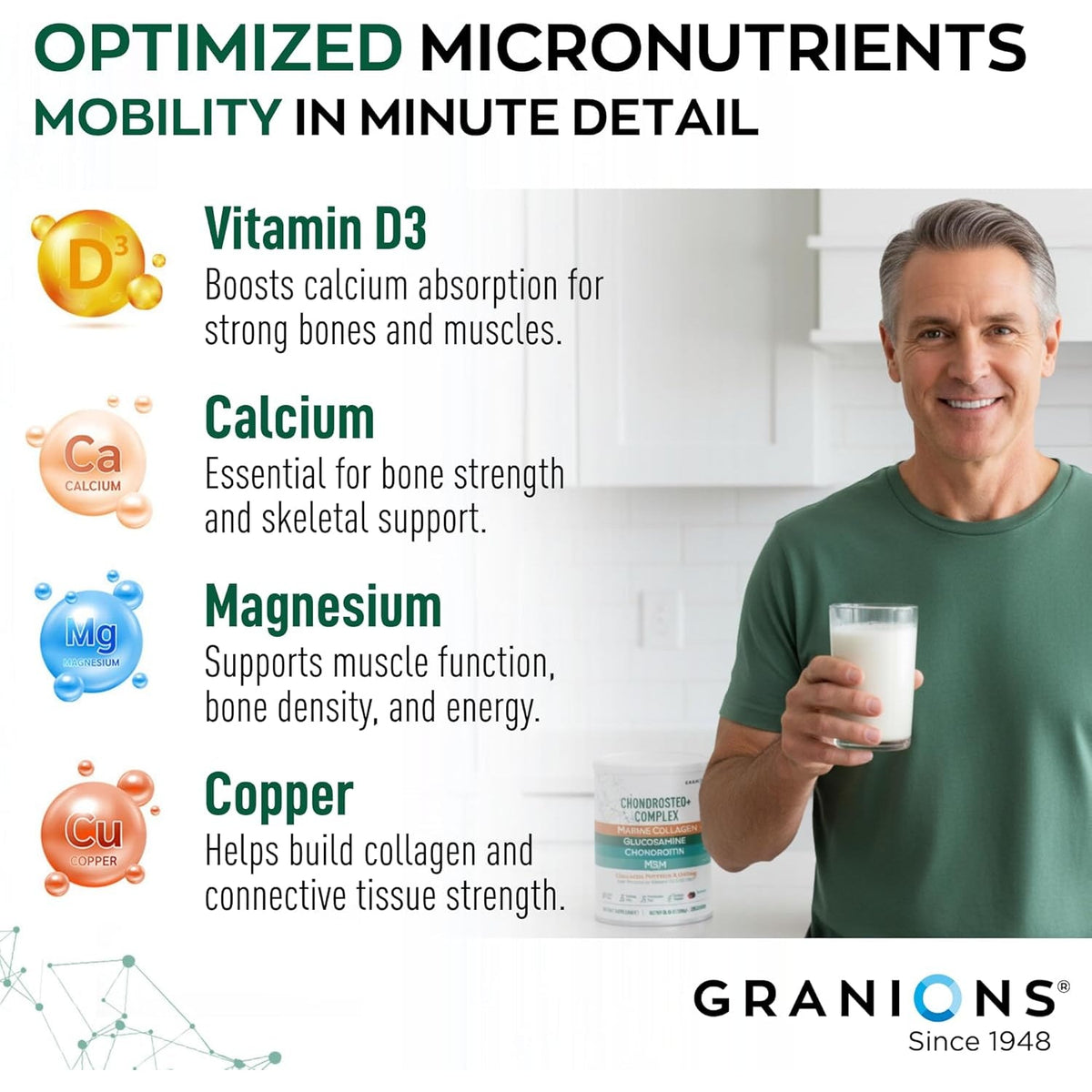 Granions Glucosamine Chondroitin MSM Powder 6,630Mg - Joint Supplements for Men and Women - Chondrosteo, Hydrolyzed Marine Collagen Peptides, Essential Vitamins Glucosamine Complex - Wild Berry 9.9Oz