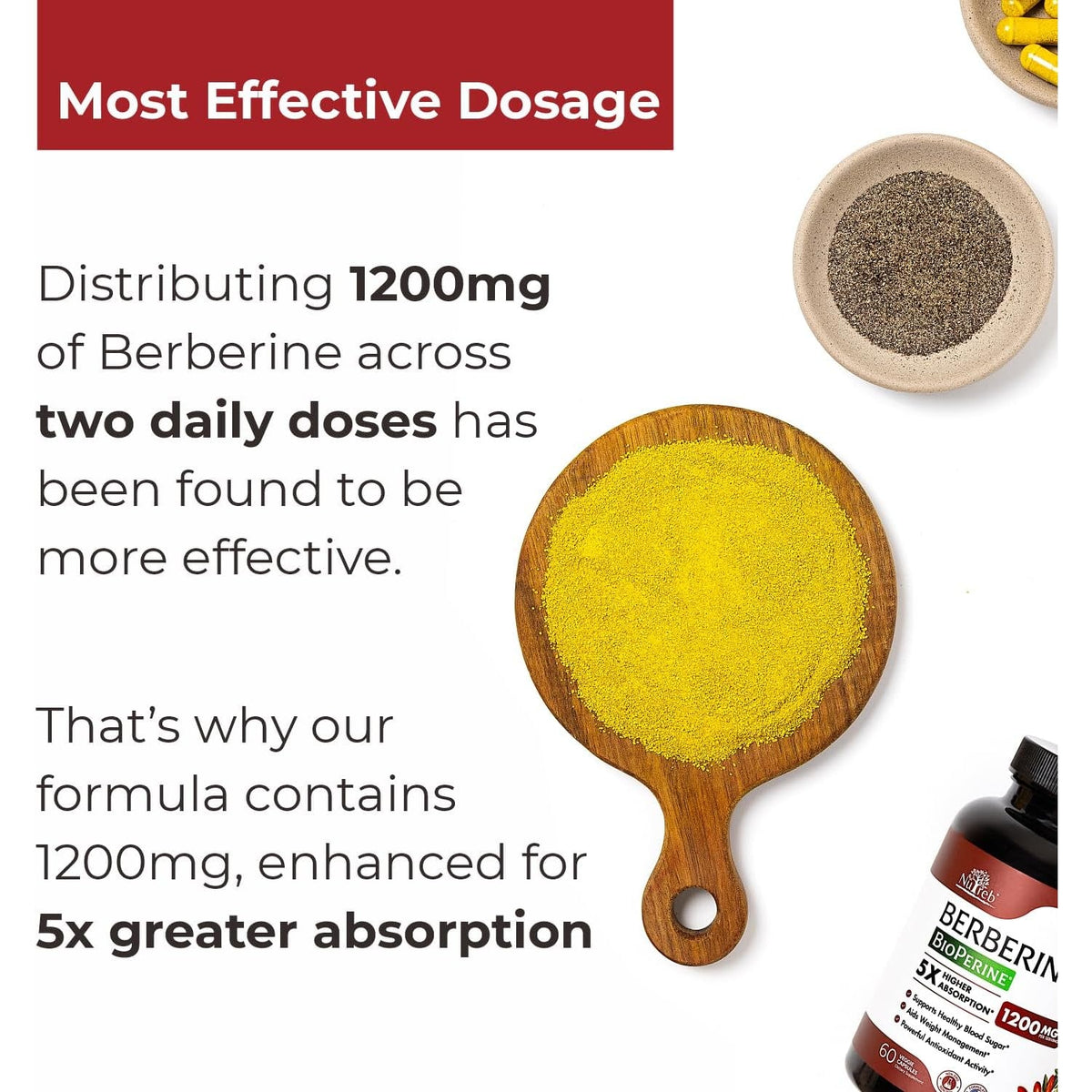 Nutreb Berberine Supplement 1200Mg - 5X Higher Absorption - Ultra Pure 98% Berberine HCL - Healthy Weight Management, Immune Support - Non GMO, Manufactured in USA - 60 Vegan Capsules