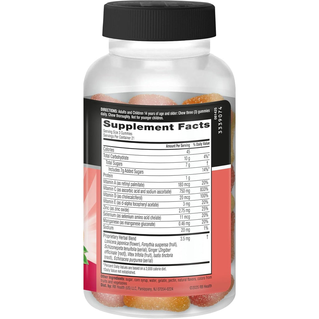 Airborne Immune Support Gummies, Assorted Fruit Flavor, 63 Ct - 750 Mg Vitamin C + Vitamins A, D & E + Zinc, Selenium, and Manganese | with Herbal Blend | Naturally Flavored
