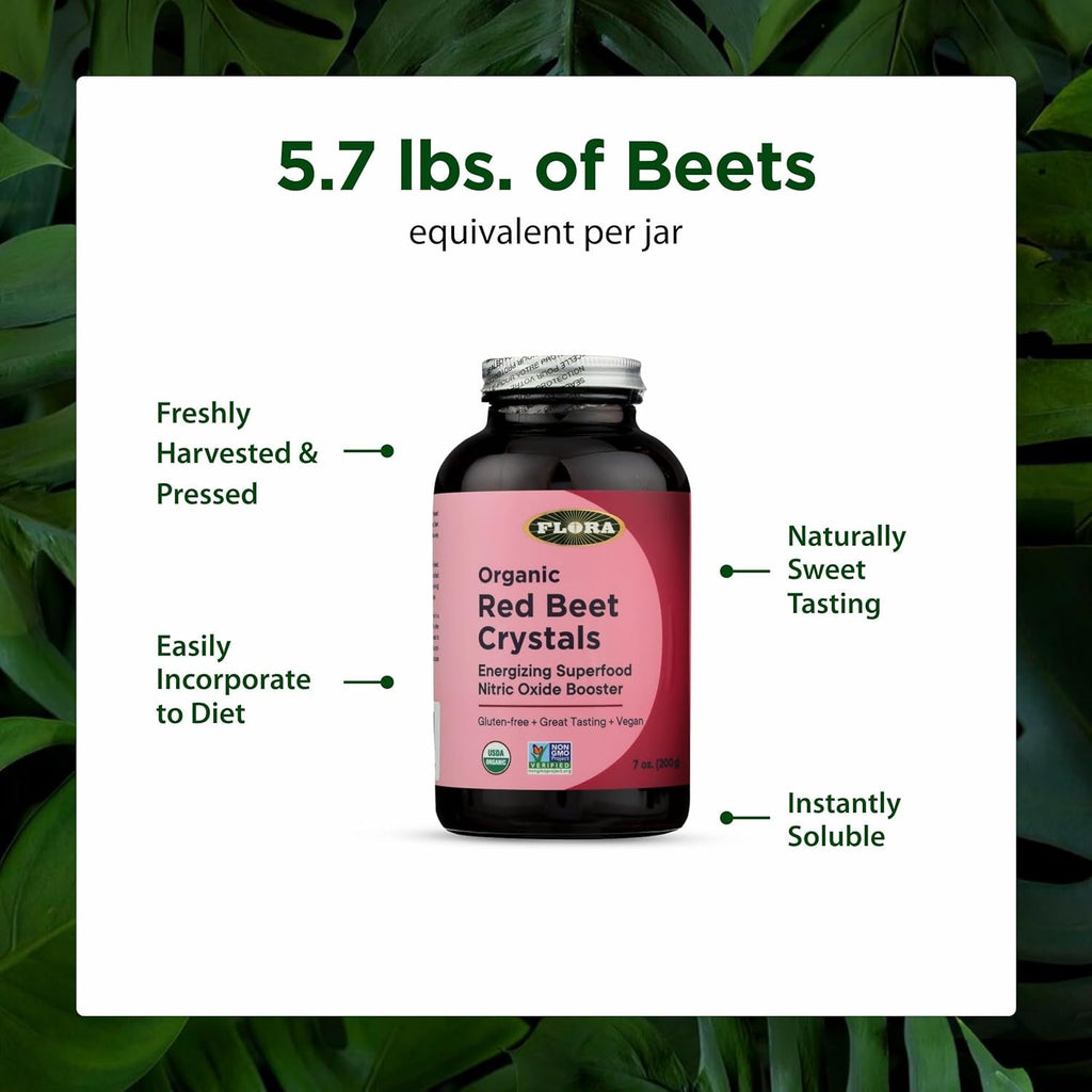 Flora - Organic Red Beet Crystals, Energizing Superfood, Nitric Oxide Booster, Vegan, Equals 5.5 Lbs. of Red Beets, Pressed from Fresh Harvested Organic Beets, 7-Oz. Powder
