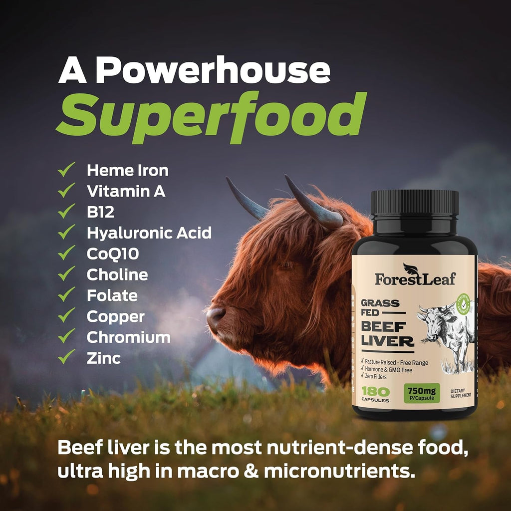 Forestleaf Grass Fed Beef Liver Capsules, 3000Mg per Serving, Supports Immunity & Body Wellness, Cleansing, Digestion, Natural Iron, Vitamin a and B12, Freeze Dried Beef Liver Supplement, 180 Caps