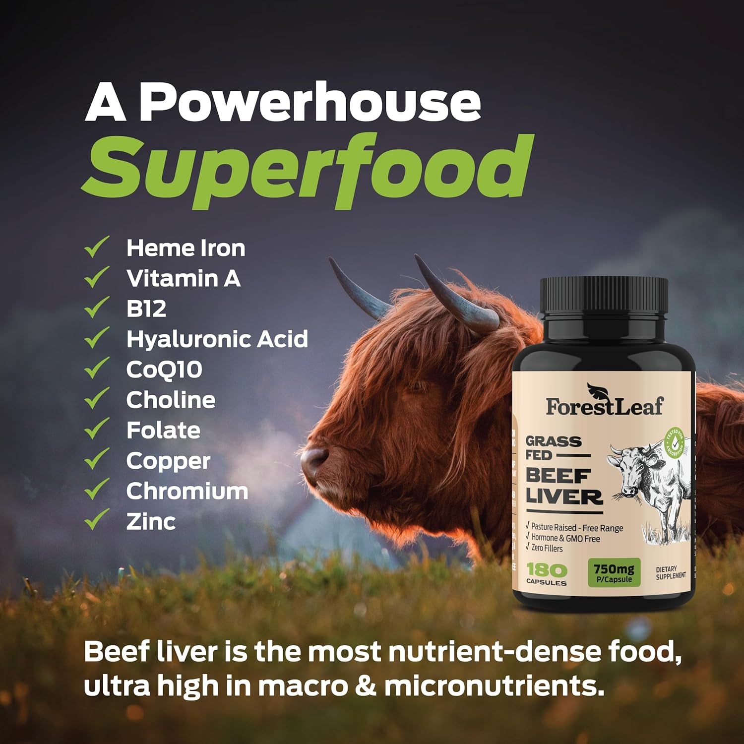 Forestleaf Grass Fed Beef Liver Capsules, 3000Mg per Serving, Supports Immunity & Body Wellness, Cleansing, Digestion, Natural Iron, Vitamin a and B12, Freeze Dried Beef Liver Supplement, 180 Caps