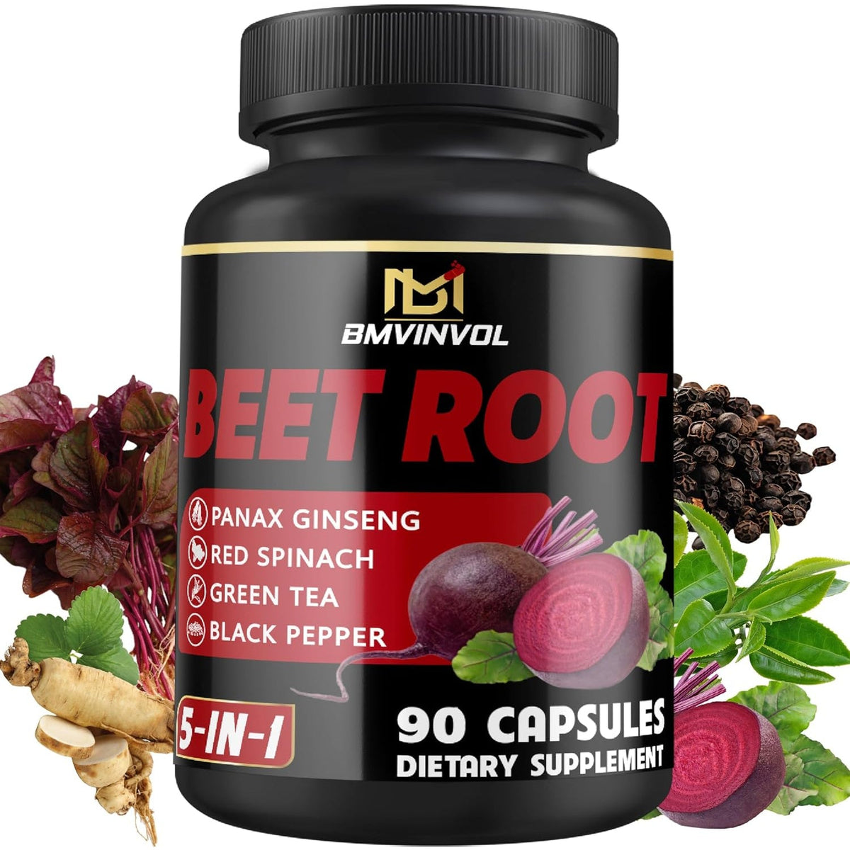 Beet Root Capsules - Green Tea, Red Spinach, Ginseng, Black Pepper - 90 Count - Supports Digestive, Immune System, Energy Levels - 3 Month Supply