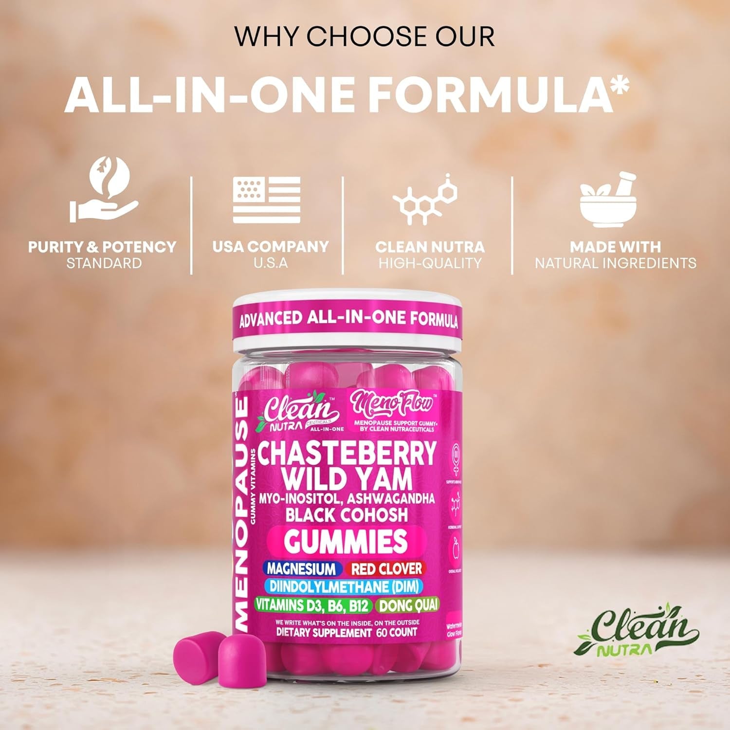 Clean Nutra Menopause Supplements for Women Chastberry Wild Yam Gummies Inositol Black Cohosh Magnesium Red Clover DIM Supplement B6 Magnesium Glycinate Glycine Vitex Hormone Balance Gummy Vitamins
