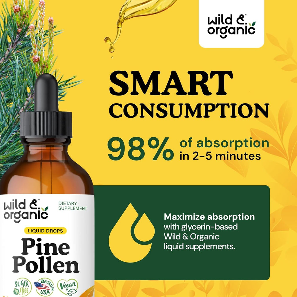 Wild & Organic Pine Pollen Tincture - Pine Pollen for Men & Women - Add to Tea & Drink - Pure Pinus Massoniana Extract Drops - Vegan, Sugar & Alcohol-Free Liquid Supplement - 4 Fl Oz