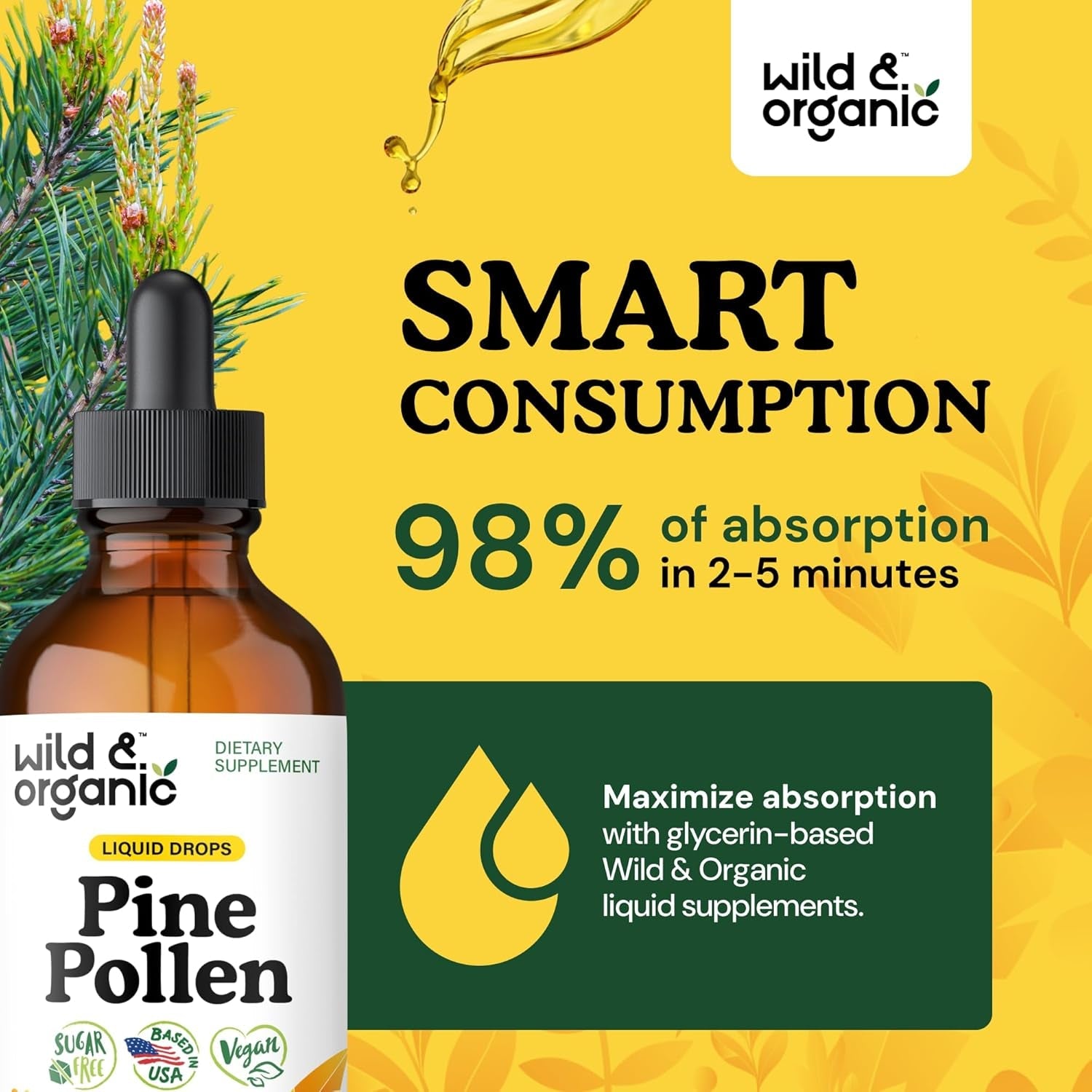 Wild & Organic Pine Pollen Tincture - Pine Pollen for Men & Women - Add to Tea & Drink - Pure Pinus Massoniana Extract Drops - Vegan, Sugar & Alcohol-Free Liquid Supplement - 4 Fl Oz