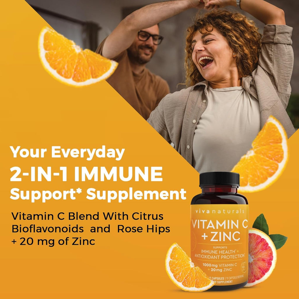 Viva Naturals 1000 Mg Vitamin C and Zinc 20 Mg Supplement - Proprietary Blend of Ascorbic Acid Vitamin C with Rose Hips and Bioflavonoids for Immune Support -250 Veggie Capsules with 8 Months Supply