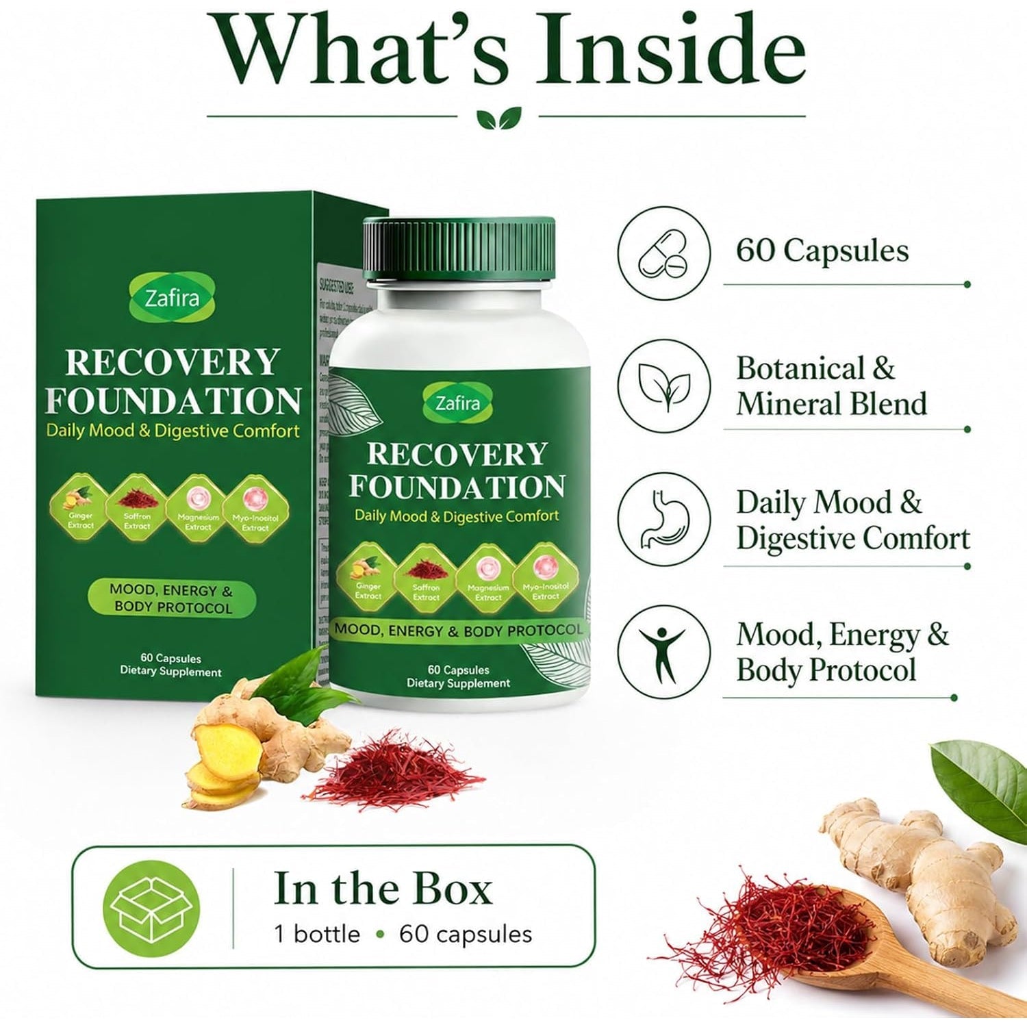 Zafira Recovery Foundation Capsules – Clear Mental Fog, Reduce Hair Loss & Boost Digestion | Clinically Tested, All-Natural Ingredients，Non-Gmo, 60 Capsules
