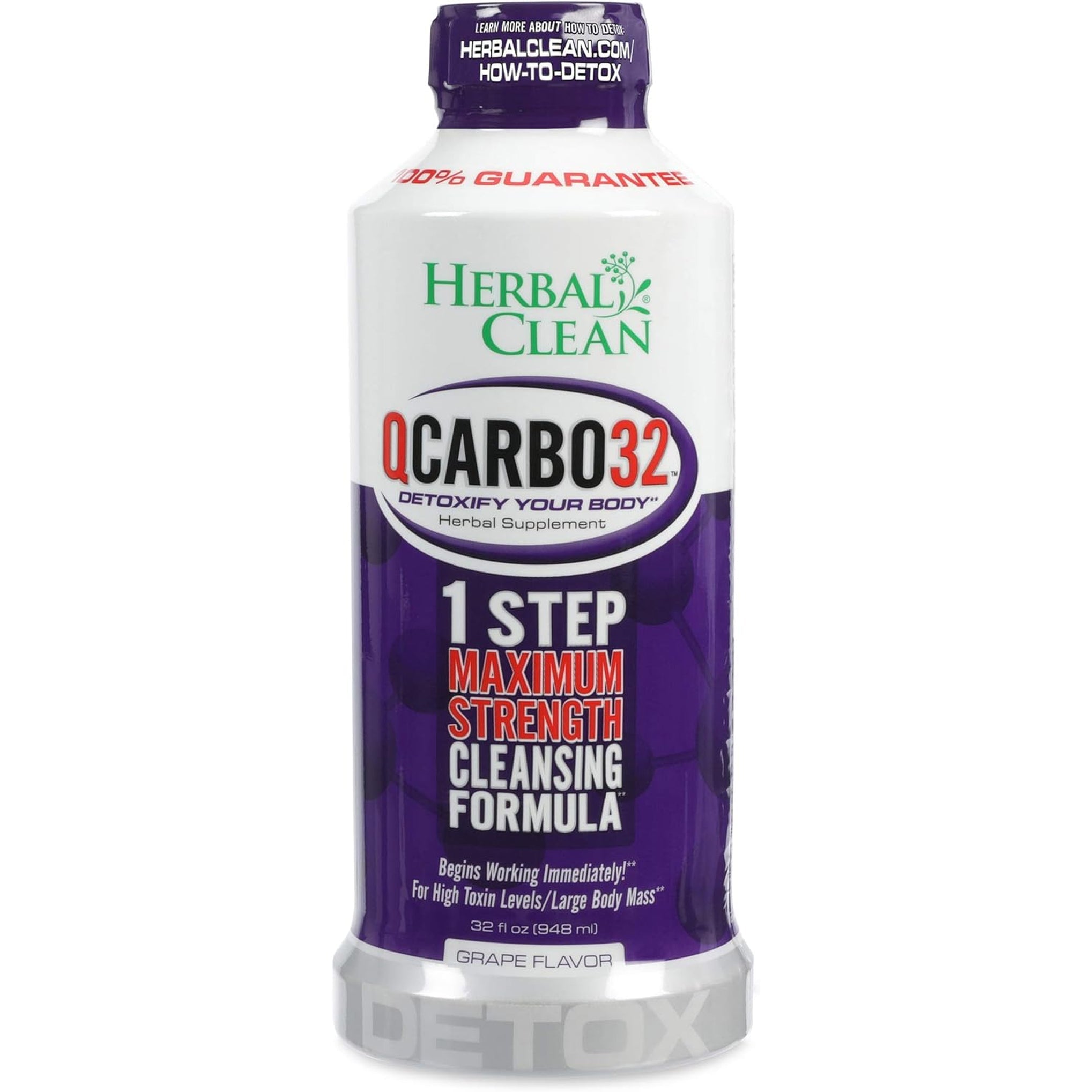Herbal Clean Qcarbo32 Same Day Detox Cleanse Drink (32 Fl Oz) - Grape Flavor Full Body Cleanse* Detox Drink for Moderate Toxin Level*, Vitamin B2 and Vitamin B12 for Men & Women
