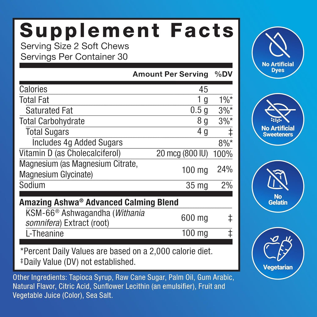 Force Factor Amazing Ashwa Complete Calm Support with KSM-66 Ashwagandha, like Ashwangandha Gummies to Promote Calm & Relaxation with Magnesium & L-Theanine, Blueberry Pomegranate, 60 Soft Chews