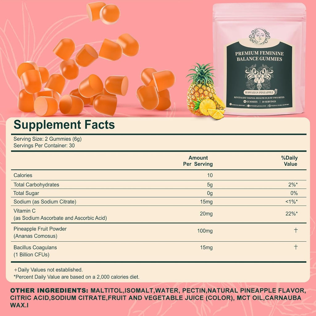 Feminine Balance Gummies for Women - Premium Balance Supplement for Women PH Health, Gut Healthy, Immune Support, Hawaiian Pineapple Flavor, 60 Gummies