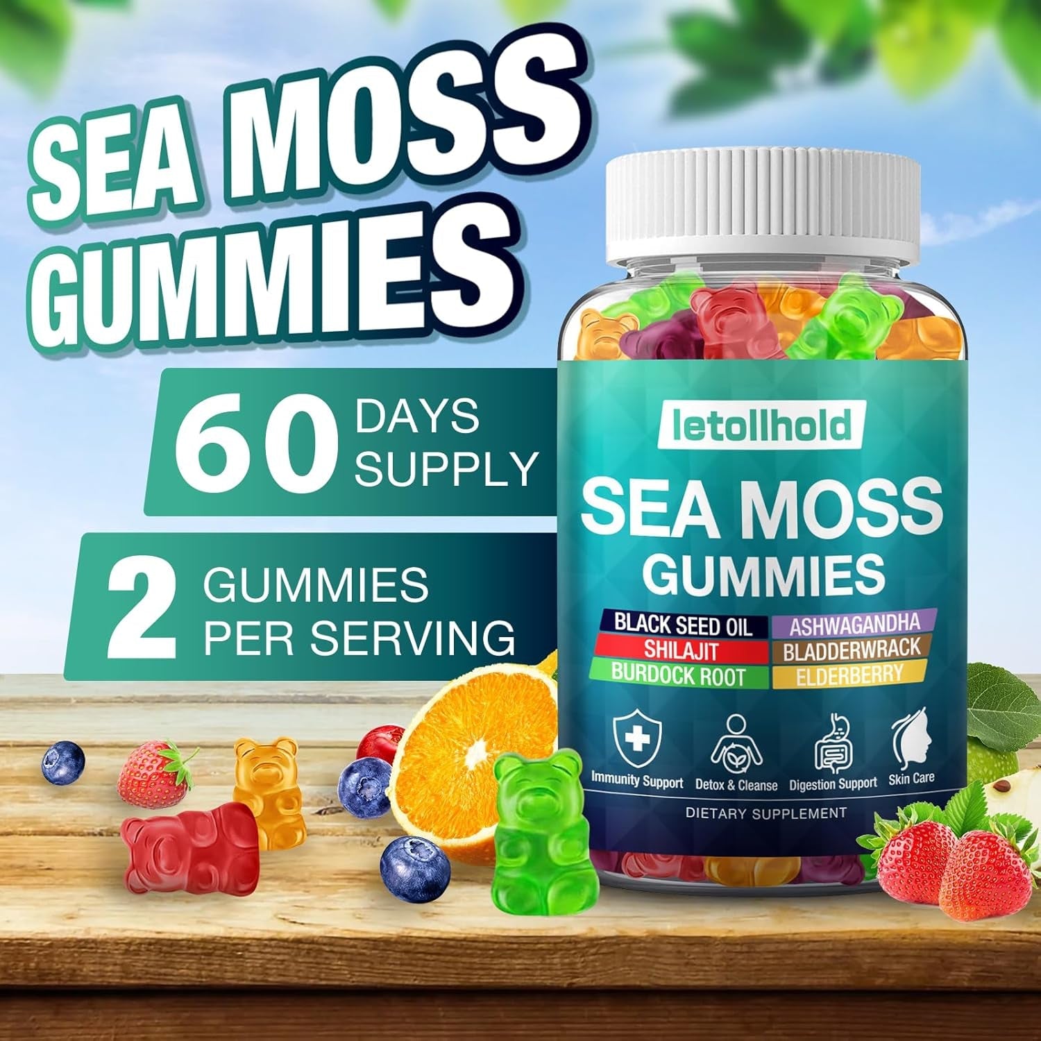 Sea Moss Gummies - Irish Sea Moss Gummies Advanced for Adults with Ashwagandha Bladderwrack & Burdock Root for Supports Immune，Energy - 60 Vegan Gummy,2Pcs