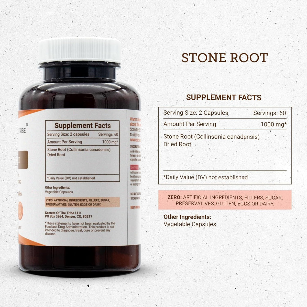 Secrets of the Tribe Stone Root 120 Capsules, 1000 Mg, Responsibly Farmed Stone Root (Collinsonia Canadensis) Dried Root (120 Capsules)