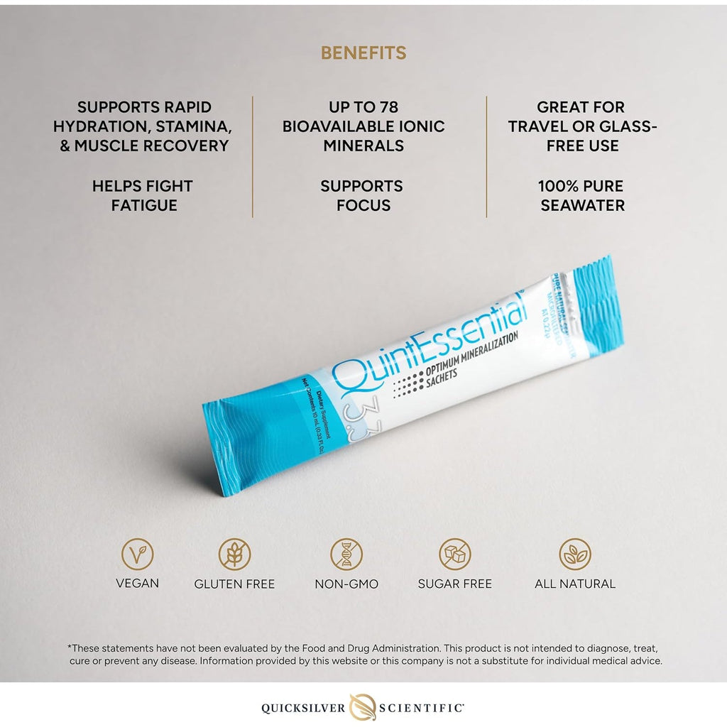 Quicksilver Scientific Quintessential 3.3 Sachets - Hypertonic Solution - Filtered Sea Water Hydration Packets - Liquid Minerals for Muscle Recovery, Stamina + Mineral Replenishment (30 Count)