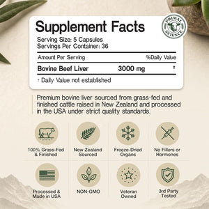Grass Fed Beef Liver Capsules 3000Mg Desiccated Liver Supplement 100% Pasture Raised & Freeze Dried Natural Iron, Vitamin a & B12 for Energy Non-Gmo, No Fillers 180 Count