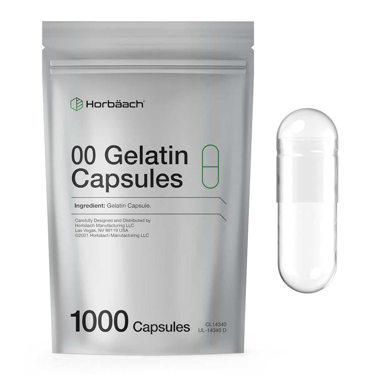 Empty Capsules Size 00 | 1000 Clear Gelatin Capsules | Resealable Bag | Non-Gmo, Gluten Free | by Horbaach
