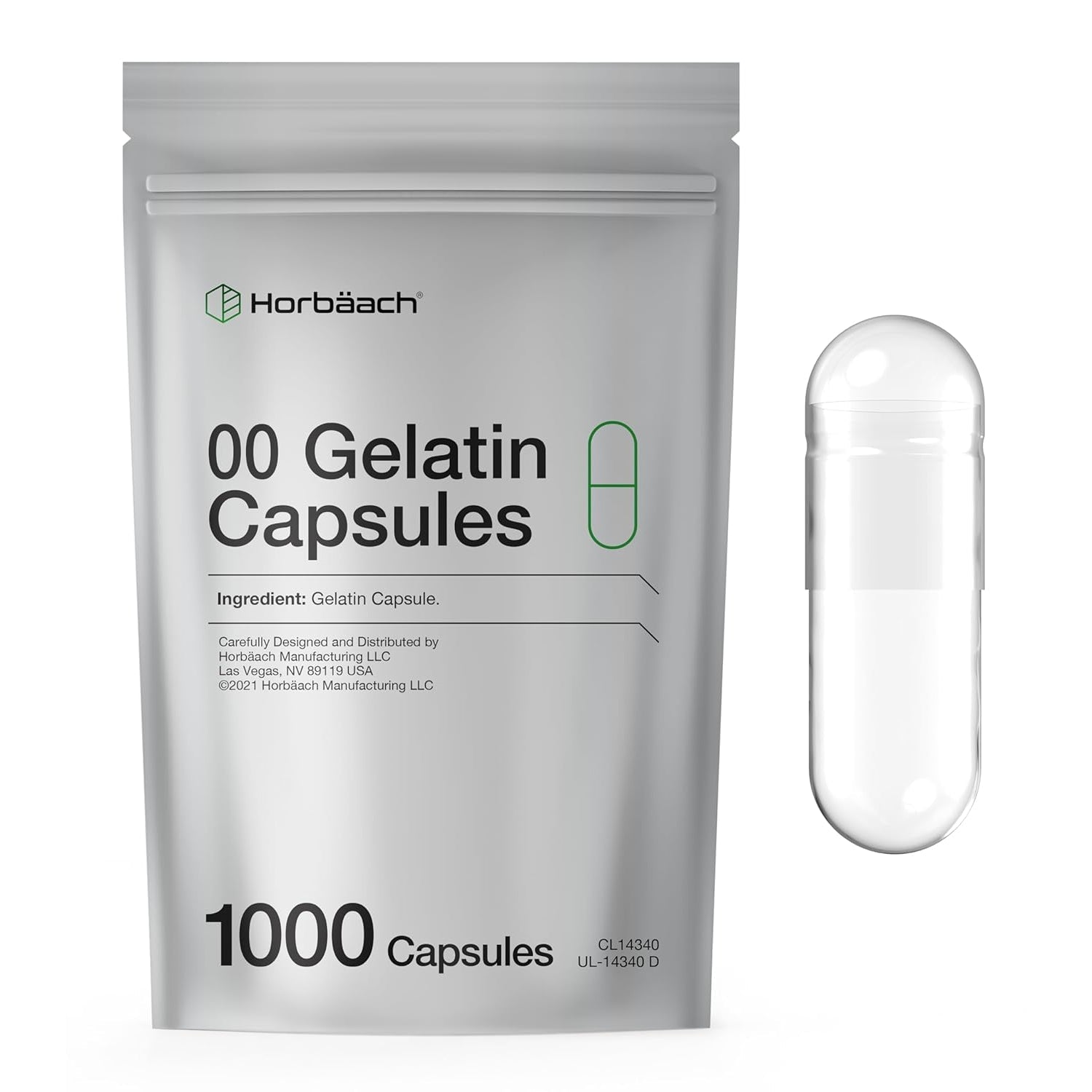 Empty Capsules Size 00 | 1000 Clear Gelatin Capsules | Resealable Bag | Non-Gmo, Gluten Free | by Horbaach